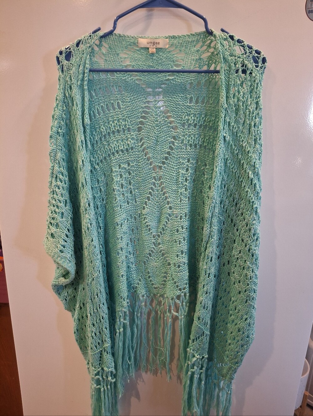 Umgee Mint Crochet Open-Knit Fringe Poncho